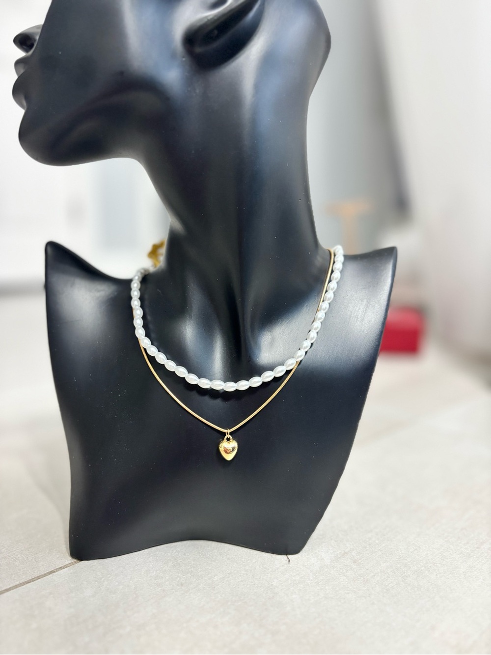 Gold Heart Pendant Layered with Faux White Pearl Necklace